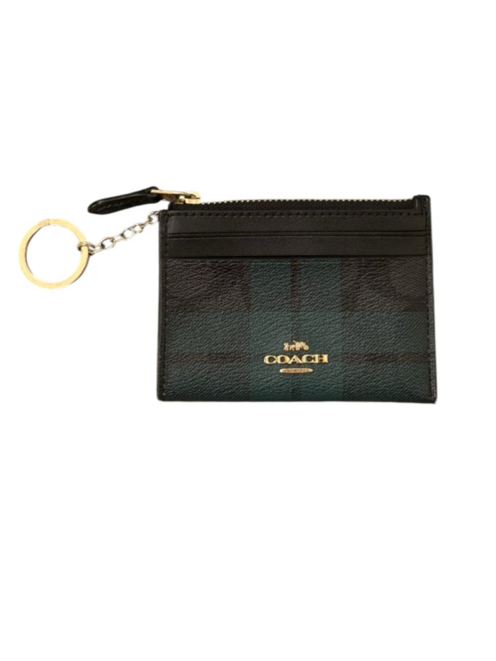 Women's Coach Plaid Print Leather Card Case Wallet Black Green with Key Ring